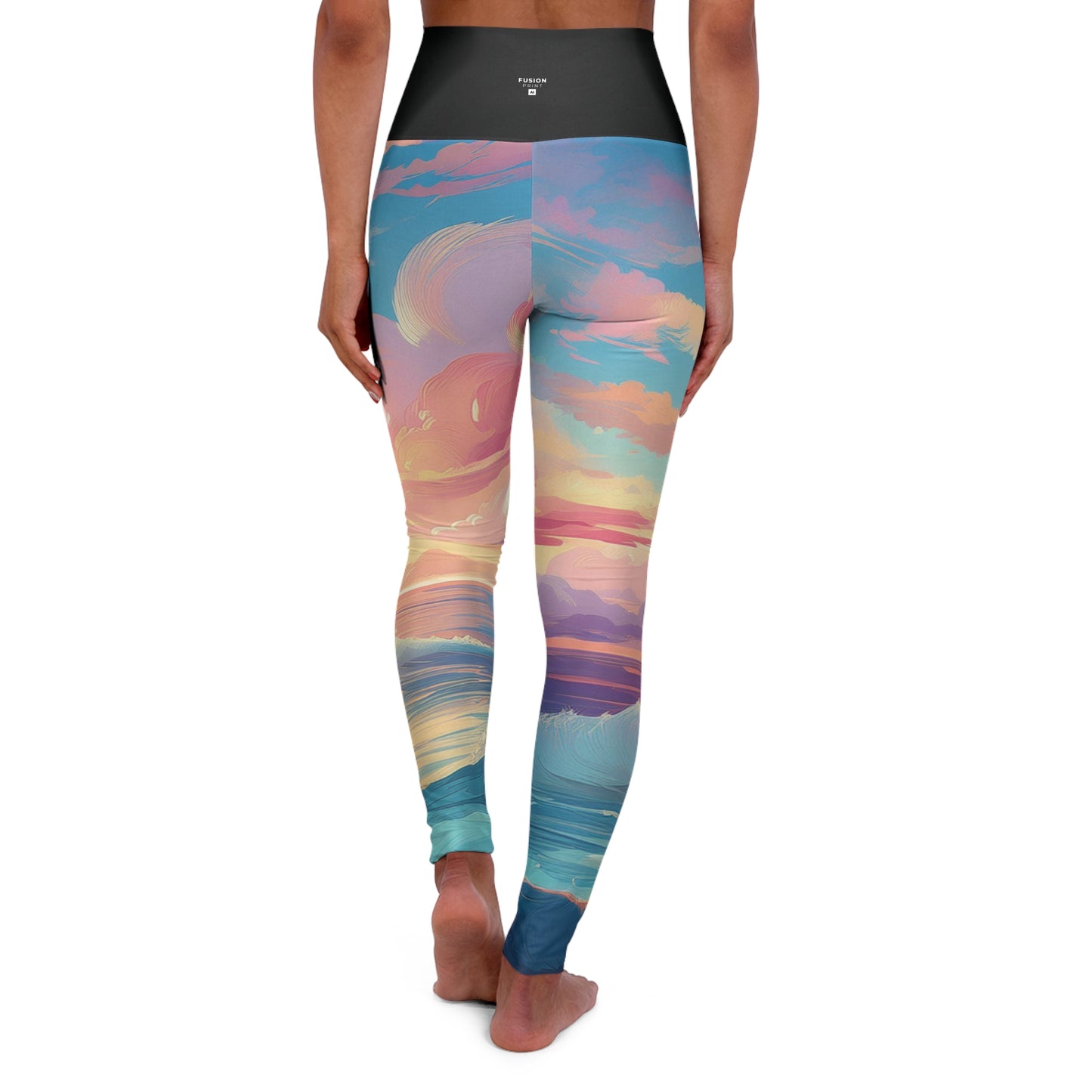 Pop Art Pastel Sky with Clouds Above the Ocean - High Waisted Yoga Leggings