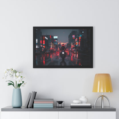 Nomad Biker in Rainy Cityscape - Framed Horizontal Poster