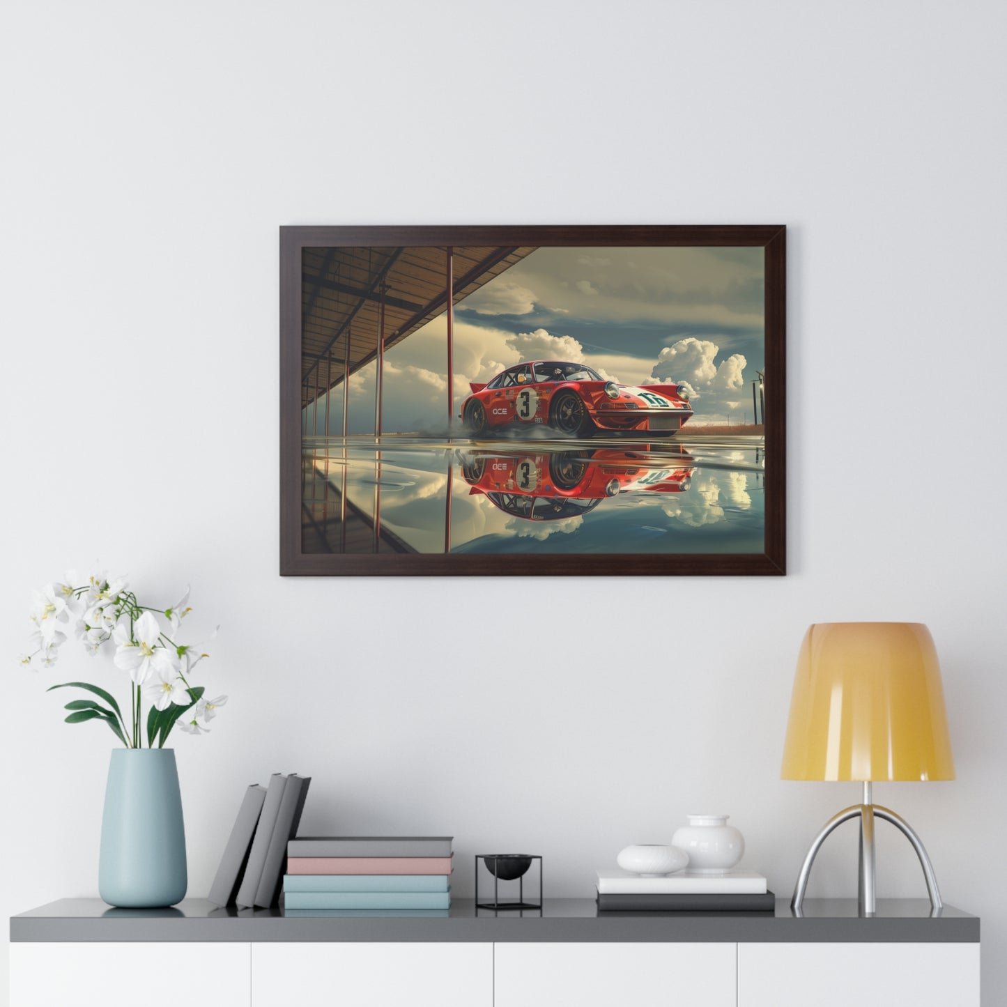 Red Race Car Readies for the Track - Framed Horizontal Poster