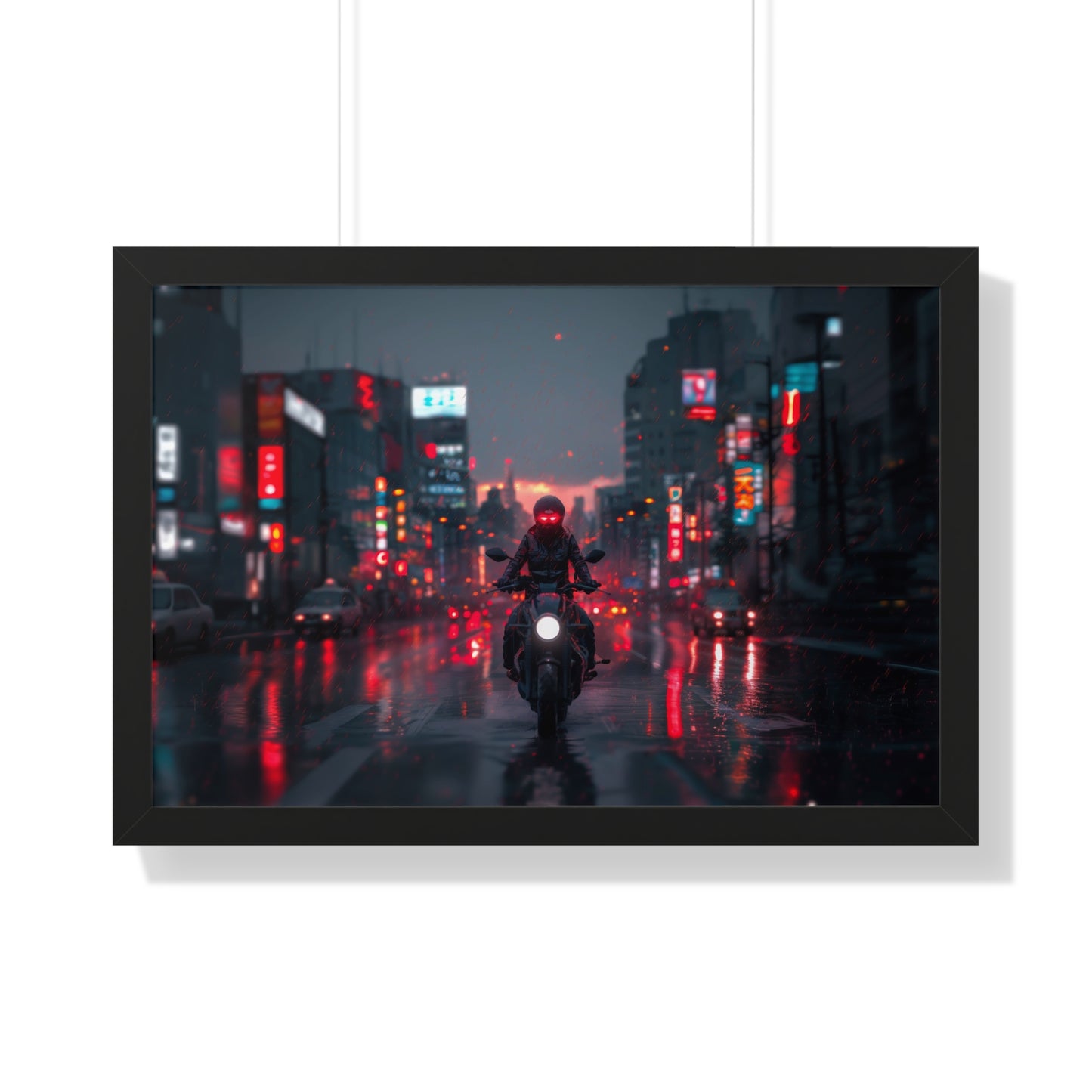 Nomad Biker in Rainy Cityscape - Framed Horizontal Poster