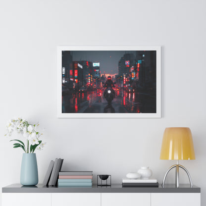 Nomad Biker in Rainy Cityscape - Framed Horizontal Poster