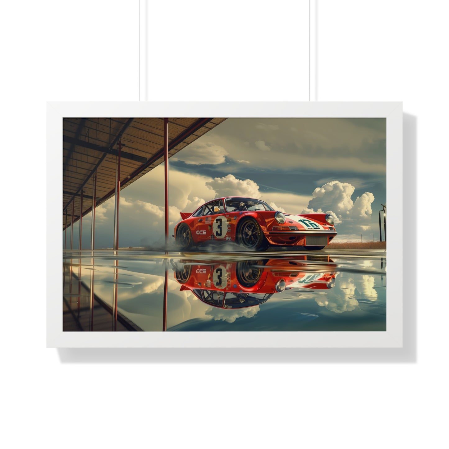 Red Race Car Readies for the Track - Framed Horizontal Poster