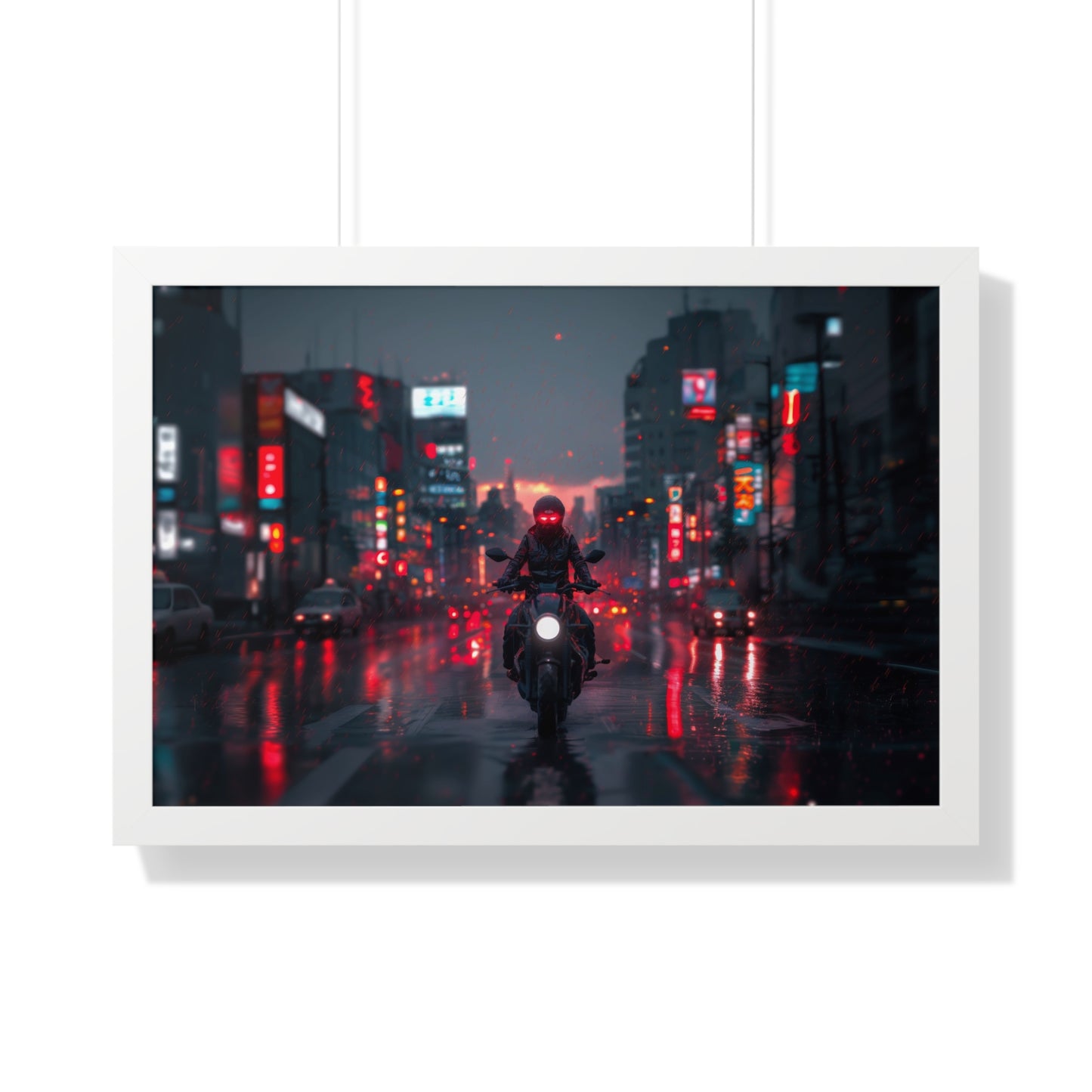 Nomad Biker in Rainy Cityscape - Framed Horizontal Poster