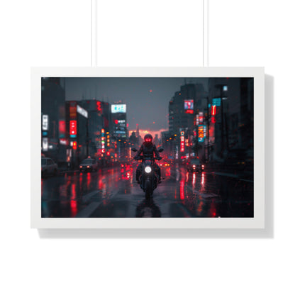 Nomad Biker in Rainy Cityscape - Framed Horizontal Poster