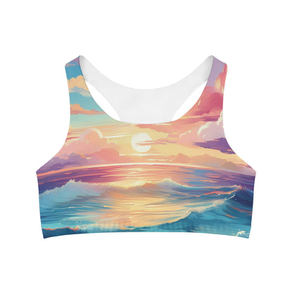 Pop Art Pastel Sky with Clouds Above the Ocean - Seamless Sports Bra