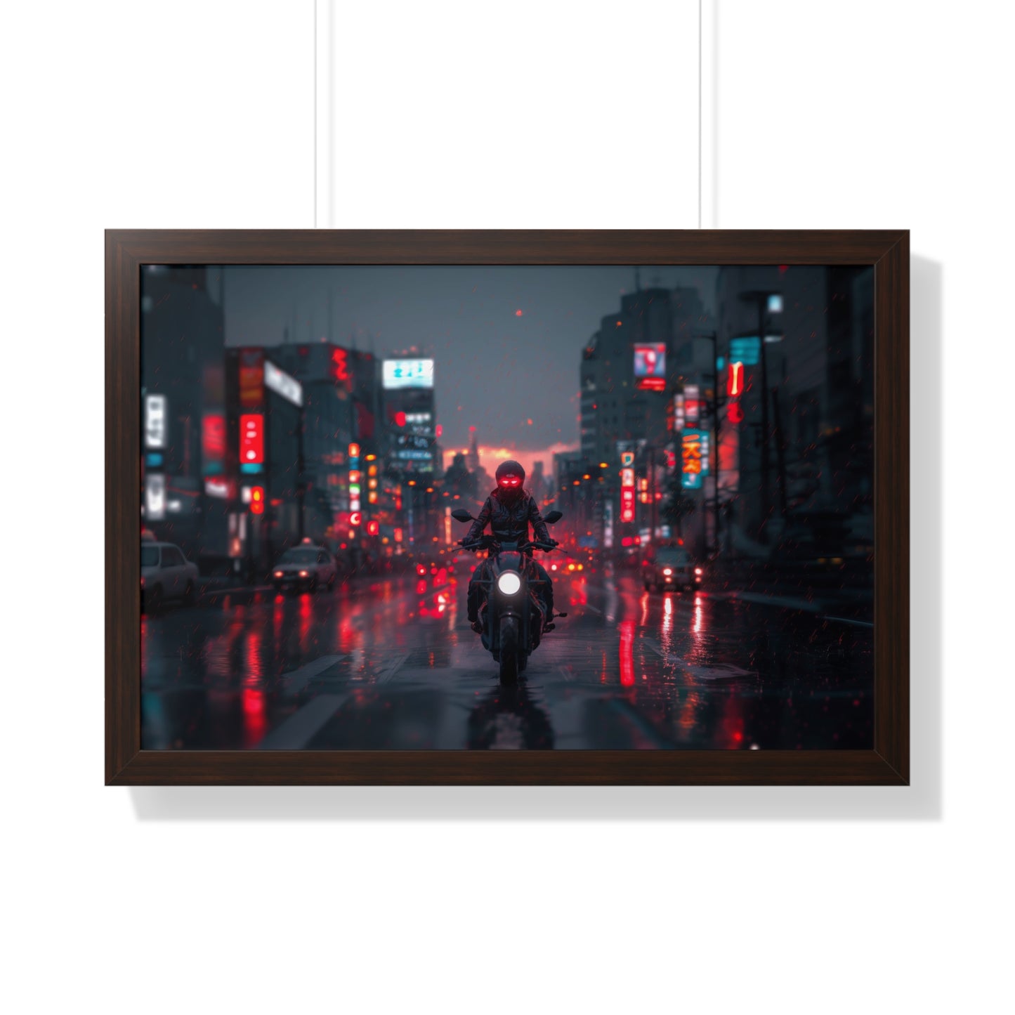 Nomad Biker in Rainy Cityscape - Framed Horizontal Poster