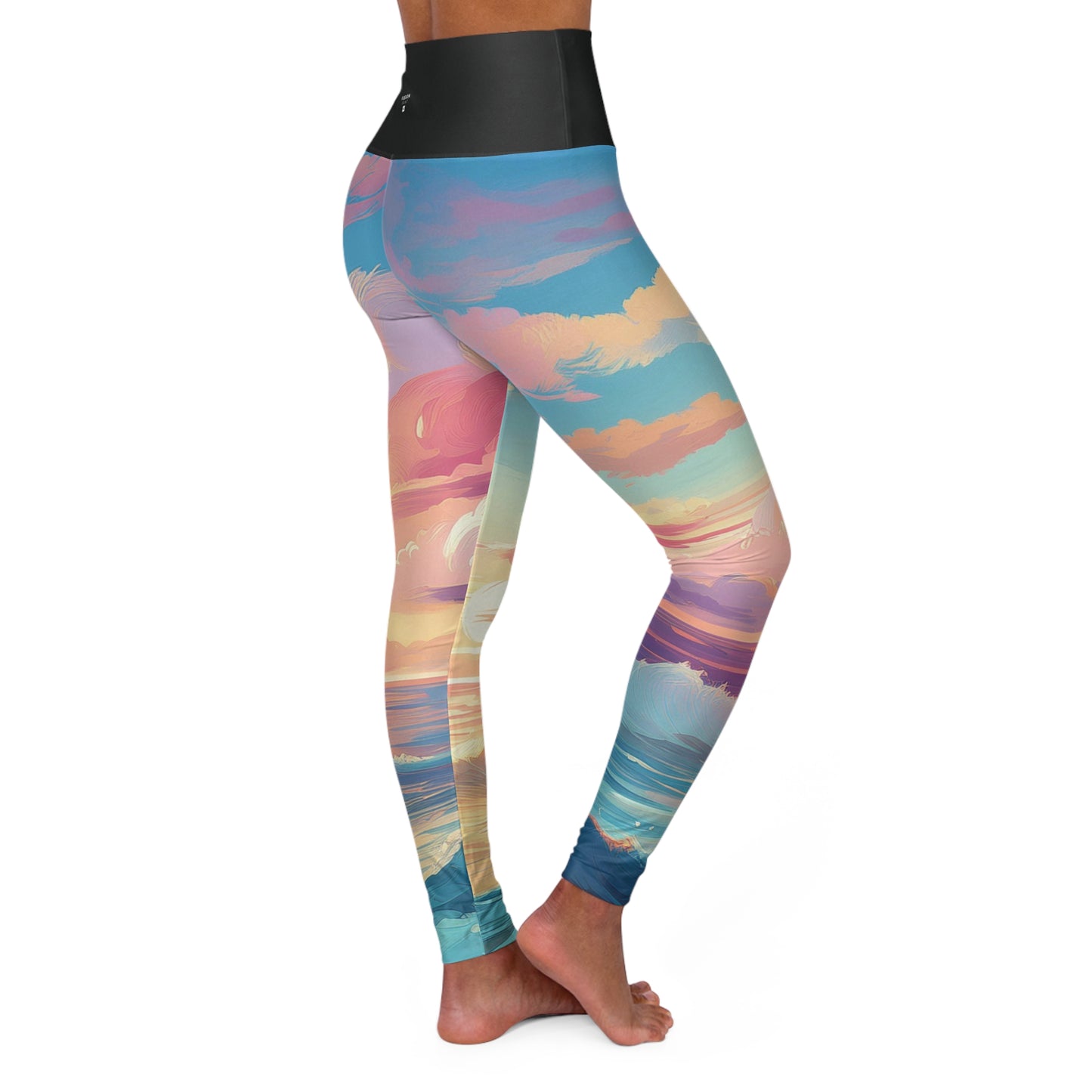 Pop Art Pastel Sky with Clouds Above the Ocean - High Waisted Yoga Leggings