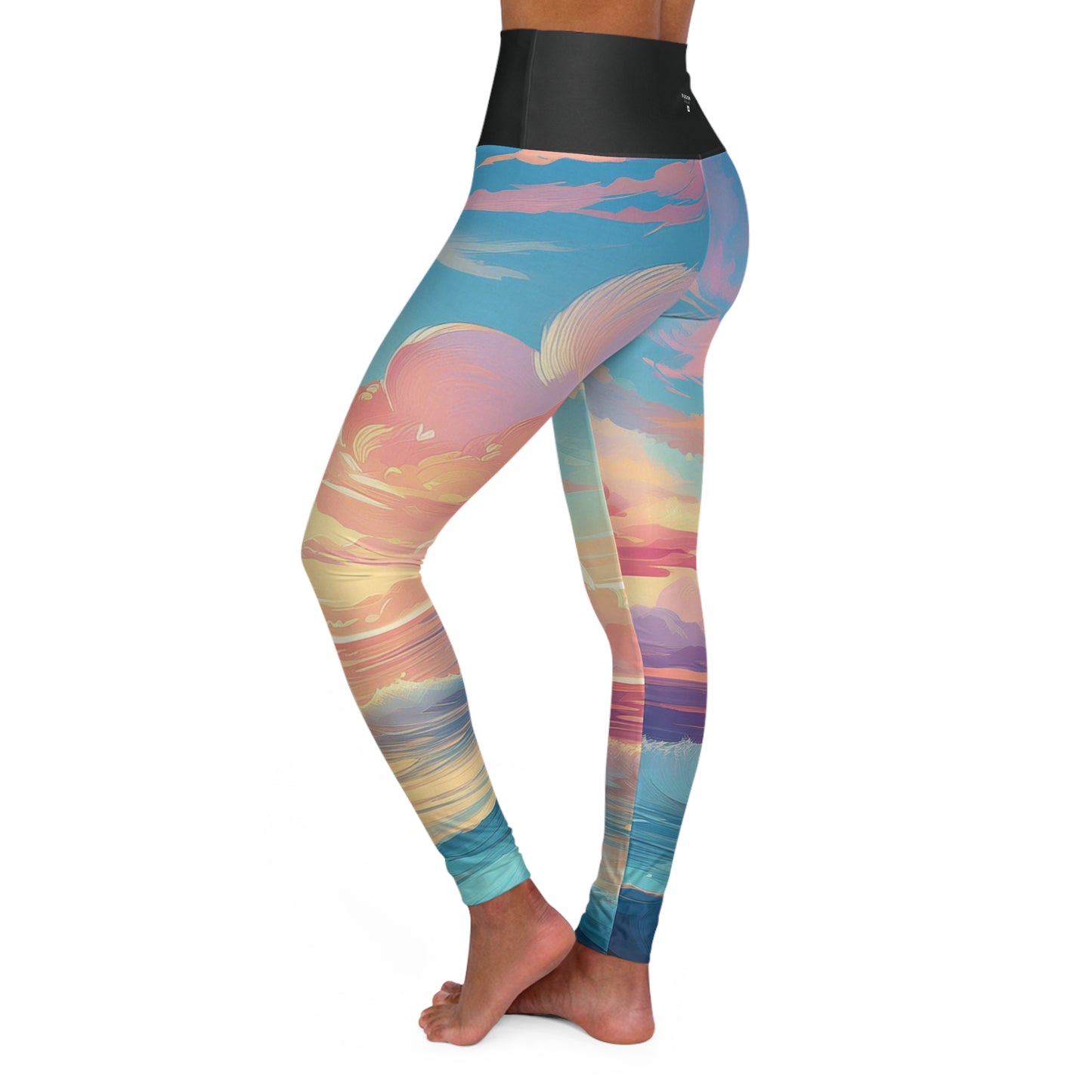 Pop Art Pastel Sky with Clouds Above the Ocean - High Waisted Yoga Leggings