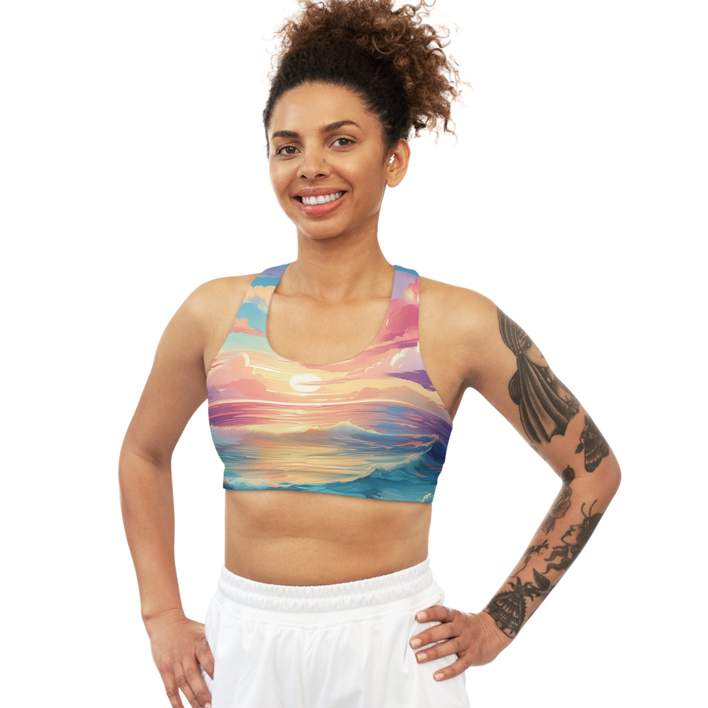 Pop Art Pastel Sky with Clouds Above the Ocean - Seamless Sports Bra