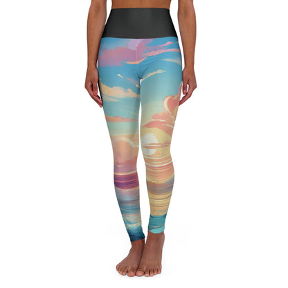 Pop Art Pastel Sky with Clouds Above the Ocean - High Waisted Yoga Leggings