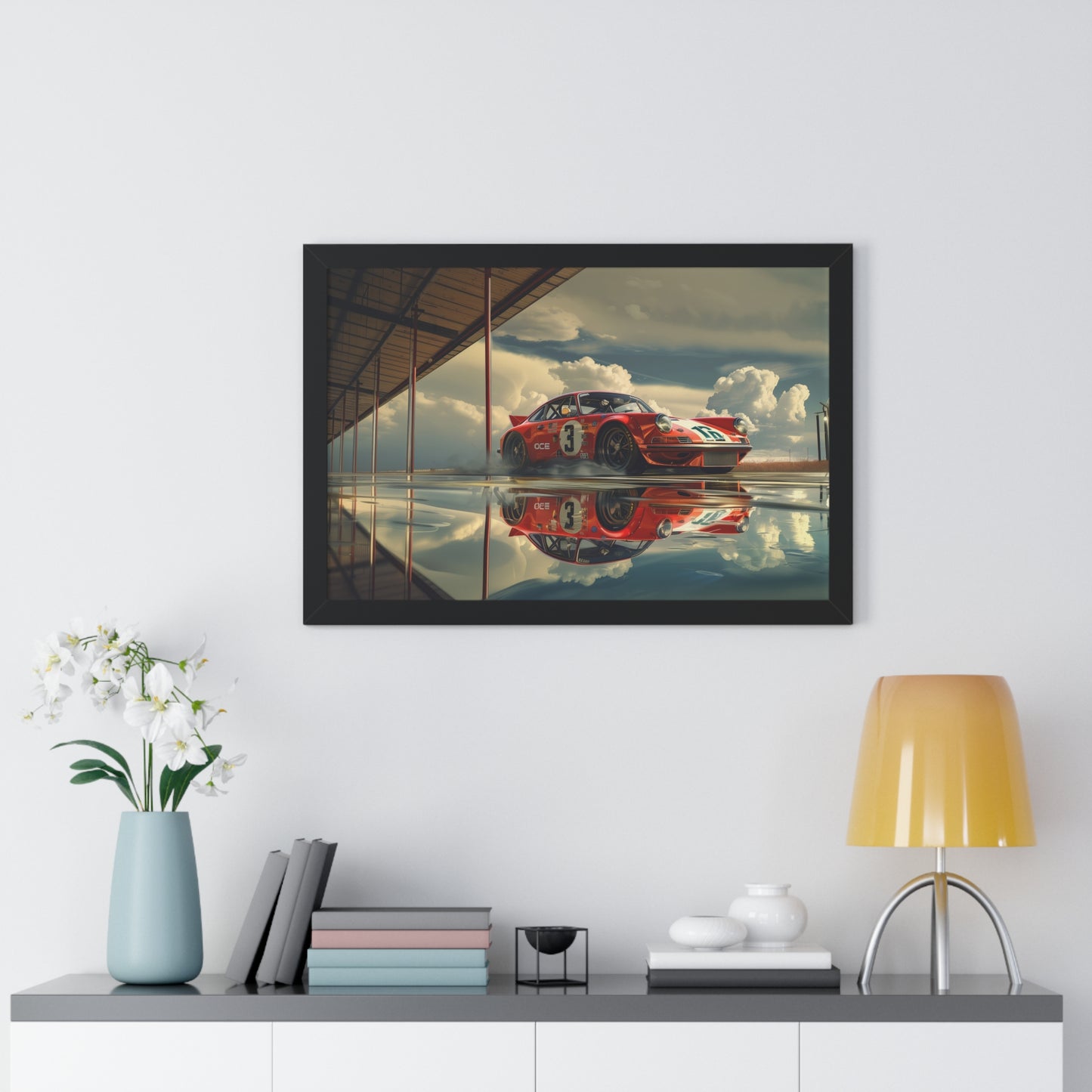 Red Race Car Readies for the Track - Framed Horizontal Poster