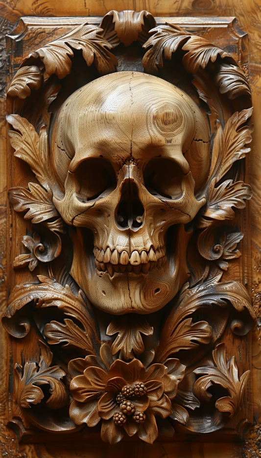 Digital Art Download - Wooden Bas-Relief Skull Sculpture