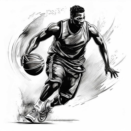 Digital Art Download - Basketball Player Dribbling Ball Ink Drawing