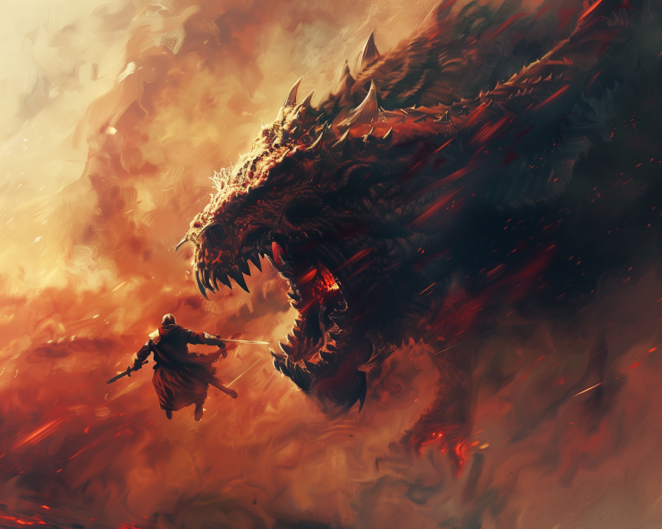 Digital Art Download - Medieval Warrior Battles Beast