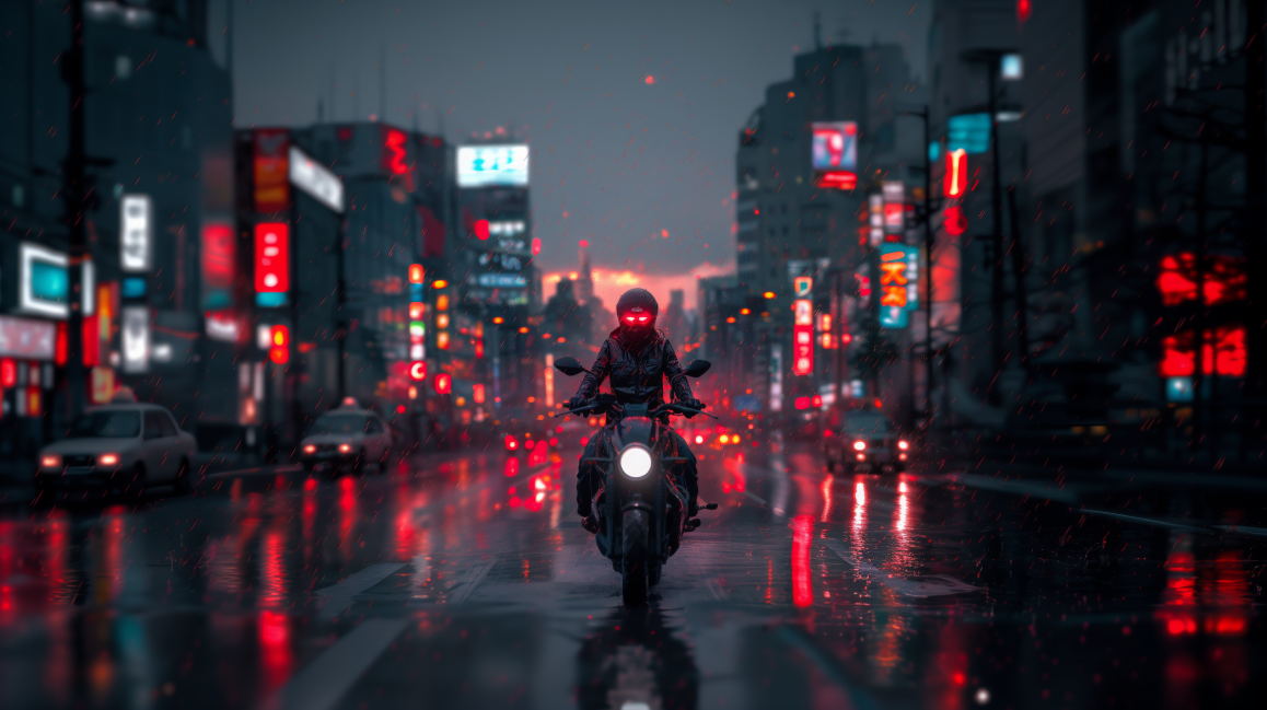 Digital Art Download - Nomad Biker in rainy cityscape
